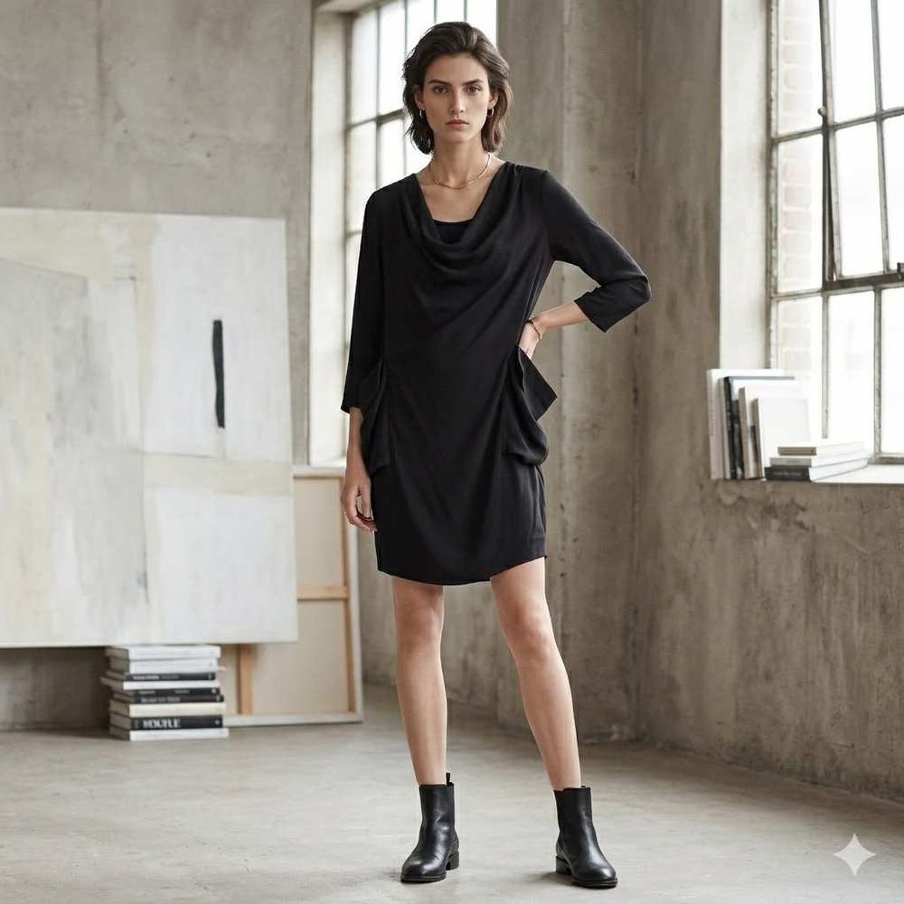 COS Black Architectural Drape Dress Wool Blend Artsy Minimalist EU 36 US 4-6